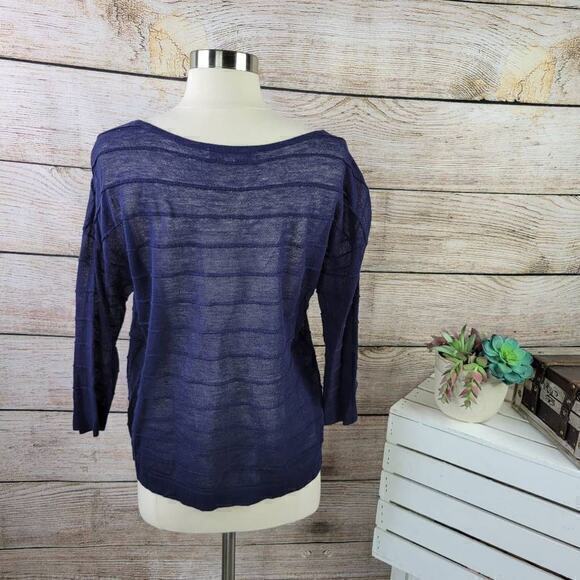 Ann Taylor LOFT Women's 3/4 Sleeve Scoop Neck Striped Sweater Navy Size Medium - Picture 3 of 5